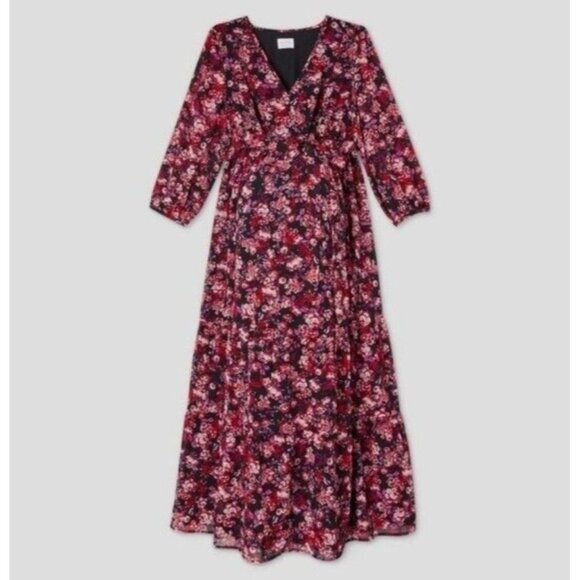 Isabel Maternity 3/4 Sleeve Tiered Chiffon Maxi Dress Pink Floral Small - Picture 1 of 4